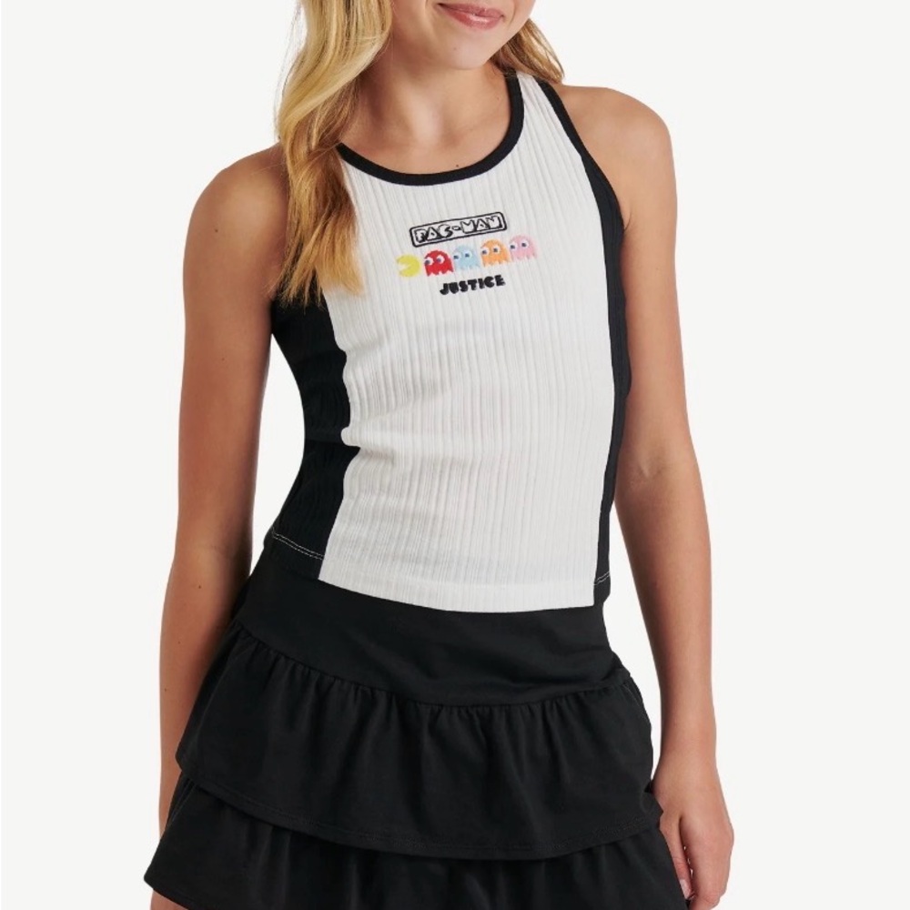 Justice girls Black and White PAC Man Graphic Tank Top